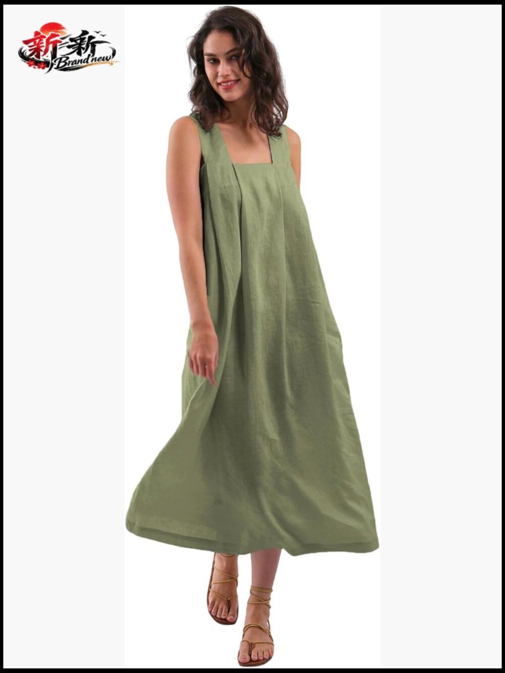 Pure Linen Sleeveless Midi Dress with Pockets